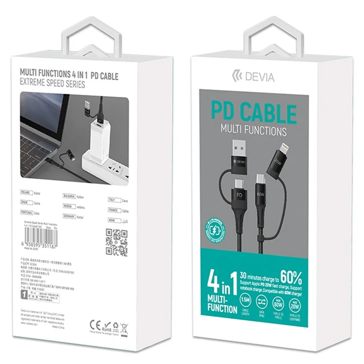 DEVIA EC504 Série Vitesse Extrême Câble de charge rapide multifonction 4 en 1 de 1,5 m Tressé en nylon 
