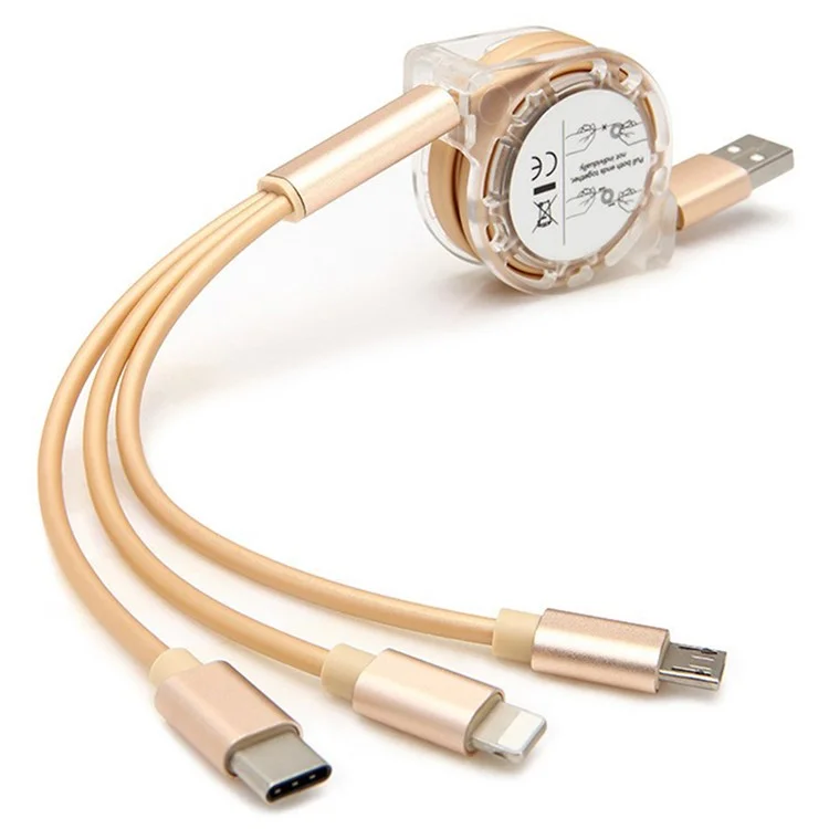 Three-In-One Retractable TPE Wire Micro / iP / Type-C 2.1A Fast Charging Cable - Gold