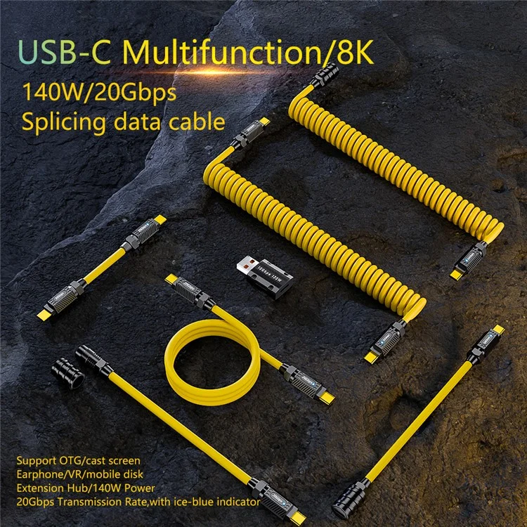 1.8m Spring Cable 8K 60Hz 140W USB3.2 Type-C Female to Male 20Gbps Data Transfer Cord