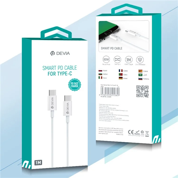 DEVIA Smart Series EC042 1m Tipo-C a Tipo-C Cable de Datos de Carga Rápida de 60W TPE