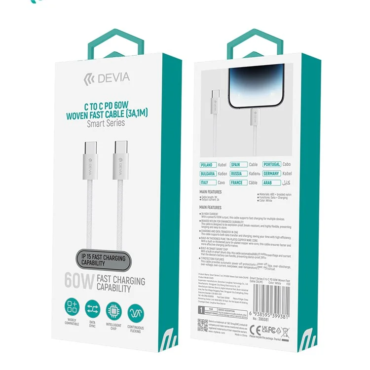 DEVIA Smart Series EC325 1m Type-C to Type-C PD 60W Data Cable Fast Charging Woven Cord