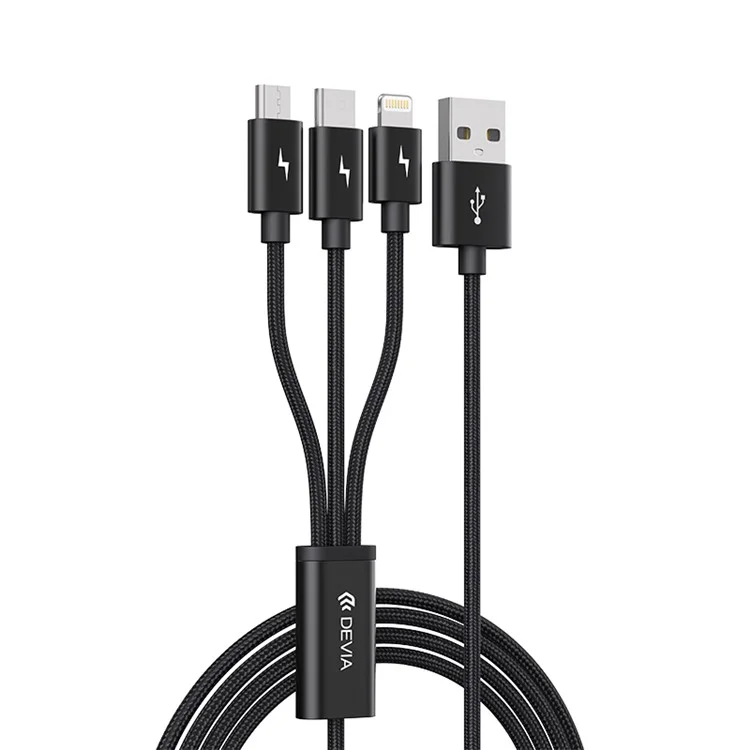 DEVIA Gracious Series 1.2m 3-in-1 Cable USB-A to IP+Micro+Type-C 3A Phone Charging Cord