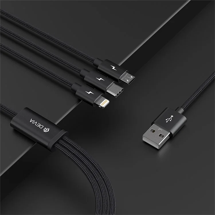 DEVIA Gracious Series 1.2m 3-in-1 Cable USB-A to IP+Micro+Type-C 3A Phone Charging Cord