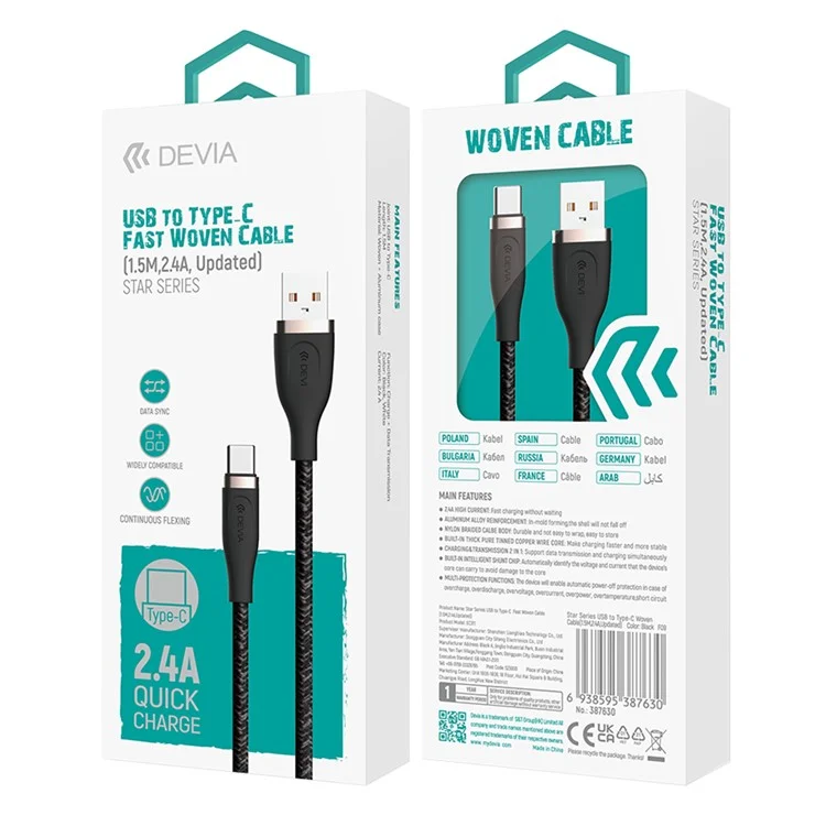 DEVIA Star Series EC311 1.5m USB-A to Type-C Data Cable 2.4A Fast Charging Cord - Black