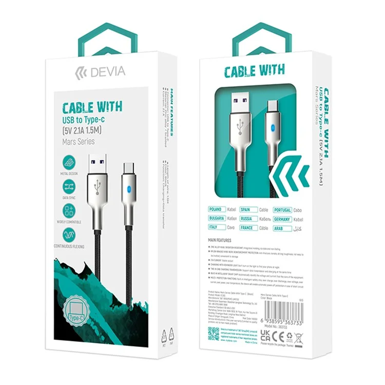 DEVIA Mars Series EC313 1.5m Cable de Datos USB-A a Tipo-C de Aleación de Zinc con Trenzado de Nailon