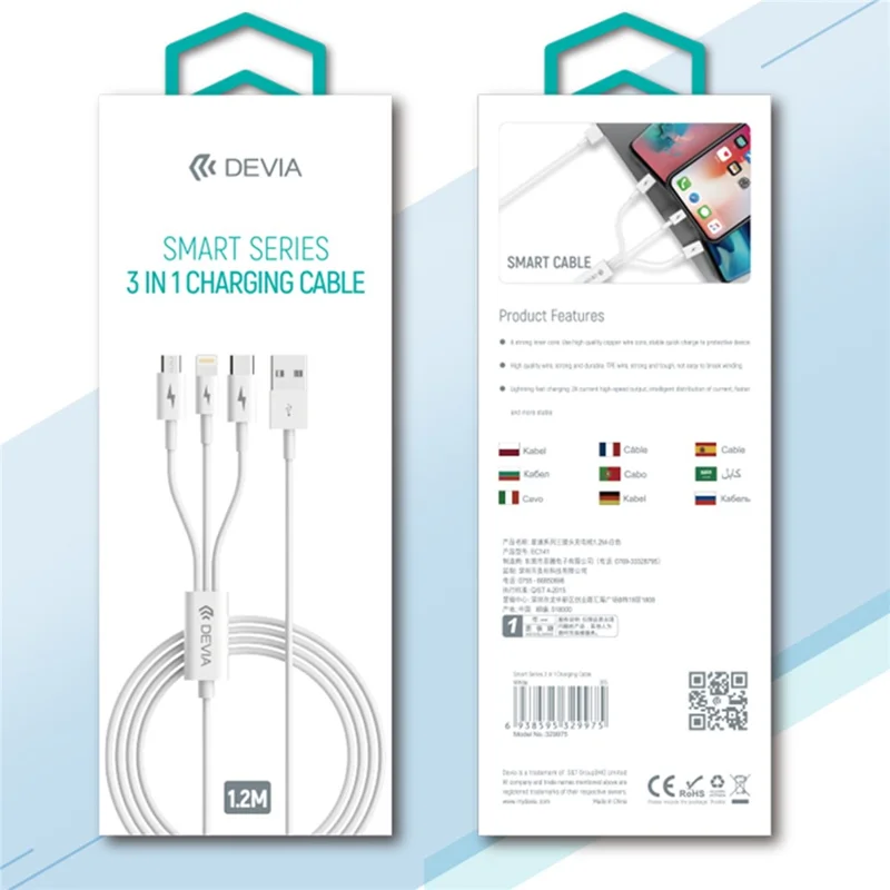 DEVIA Smart Series EC141 1,2m 2A Cabo de Carregamento USB-A para IP+Micro+Type-C 3 em 1
