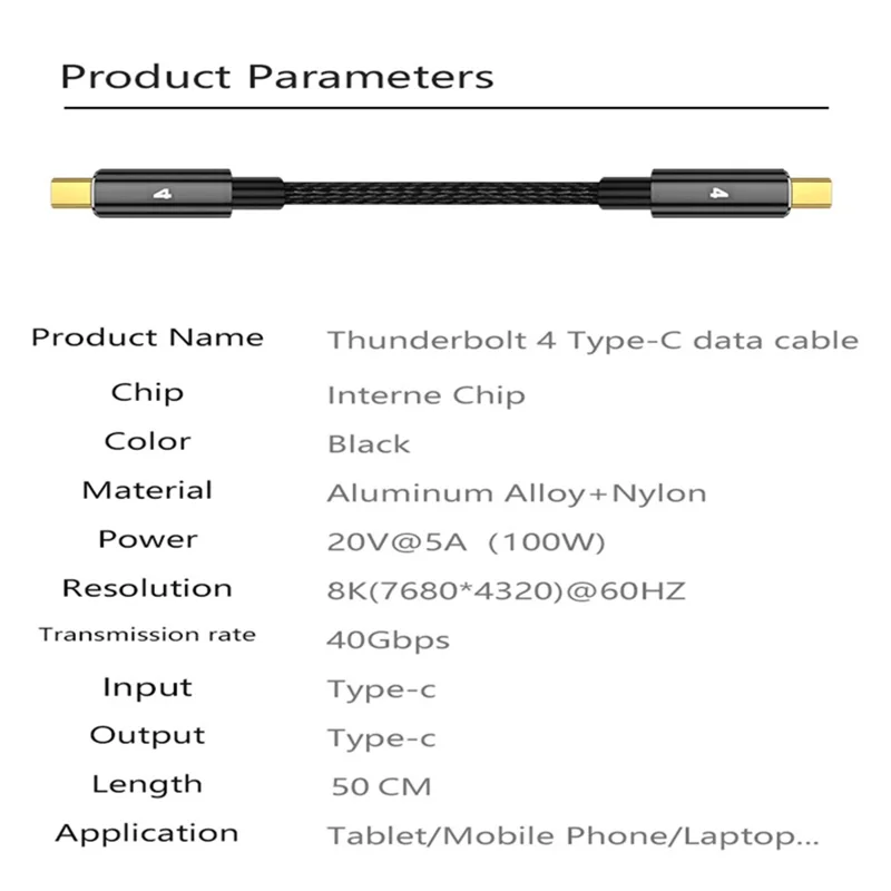 0.5 متر، 100 واط، 40 جيجابت في الثانية، 8K 60 هرتز، كابل بيانات Thunderbolt 4 من النوع C