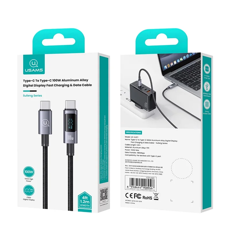 USAMS US-SJ671 Type-C To Type-C 100W Fast Charging Cable 1.2m Charger Data Cord with Display