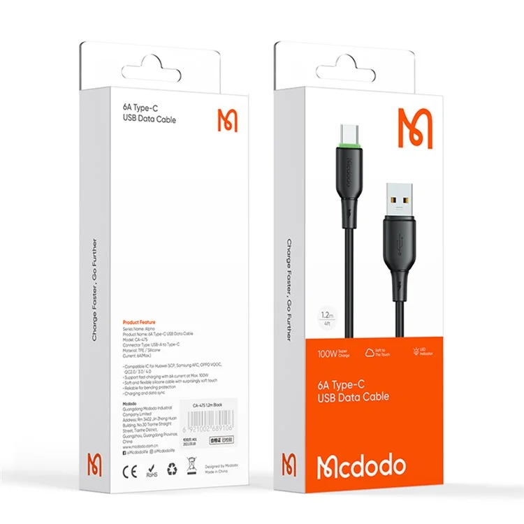 MCDODO Alpha Series CA-475 1.2m USB-A to Type-C Charging Cable 6A Silicone Data Transfer Cord - Black