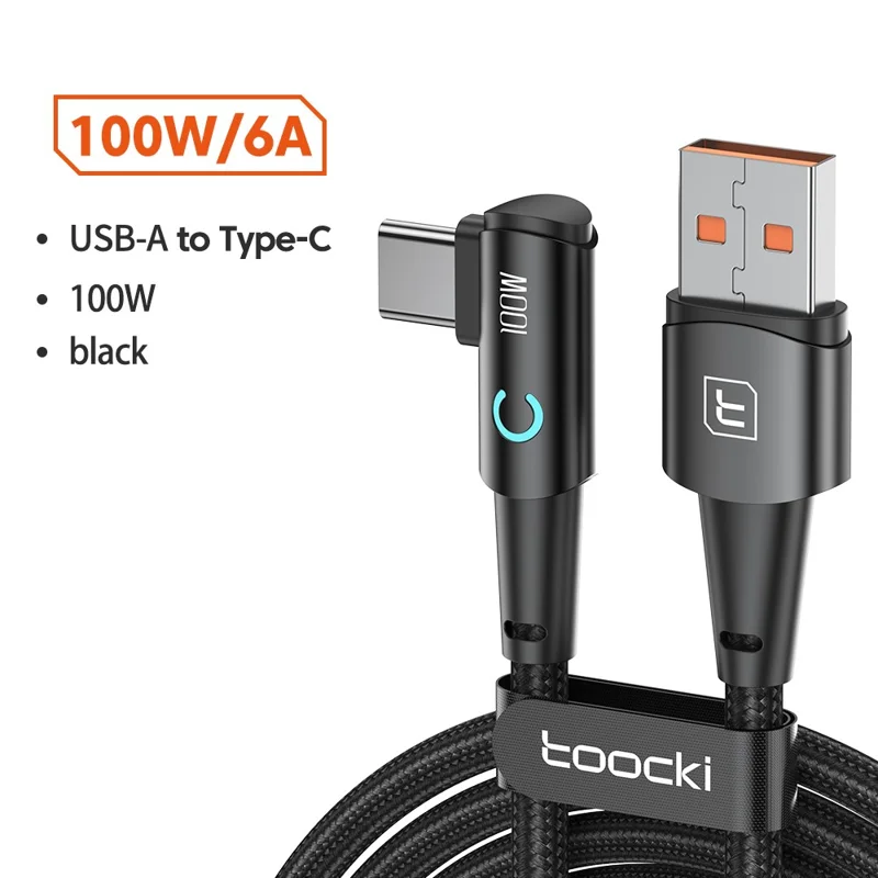 TOOCKI TQ-X25A2 100W USB-A to Type-C Right Angle Charging Data Cable, 2m - Black
