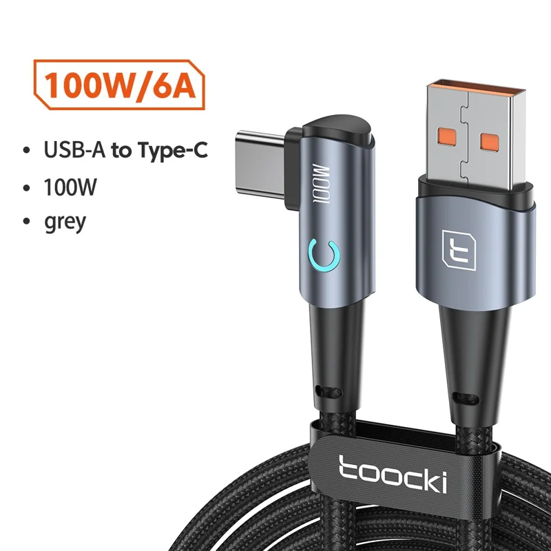 TOOCKI TQ-X25A2 100W USB-A to Type-C Right Angle Charging Data Cable, 2m - Grey