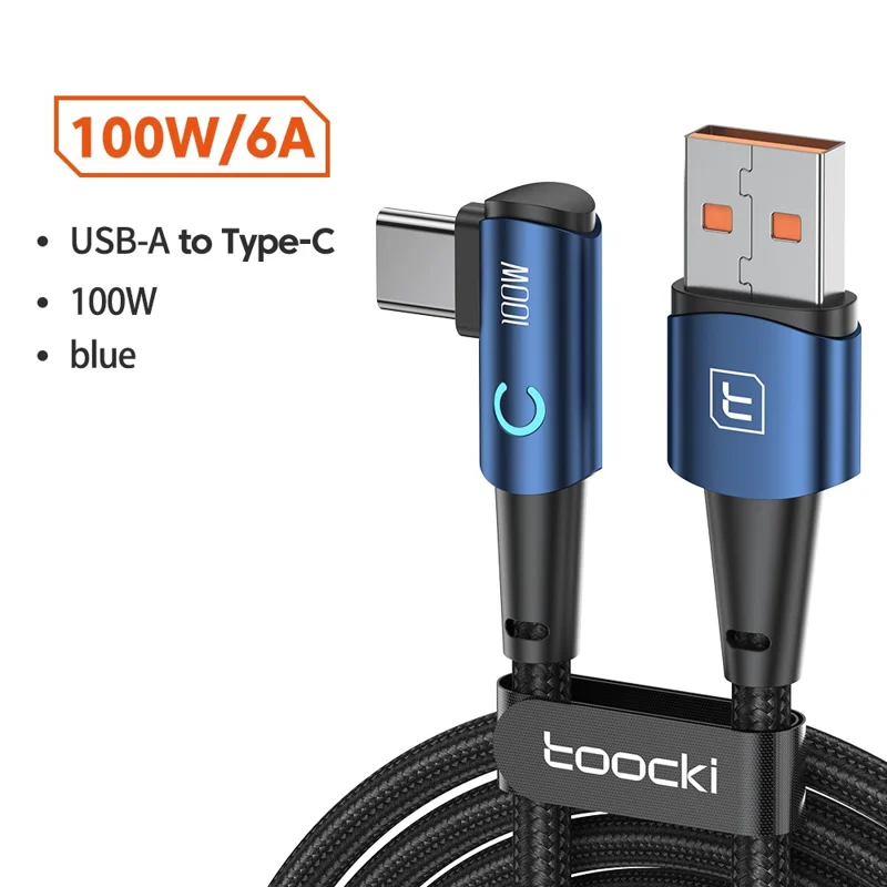 TOOCKI TQ-X25A2 USB-A to Type-C Data Cable 1m Right Angle 100W Charging Cord - Blue