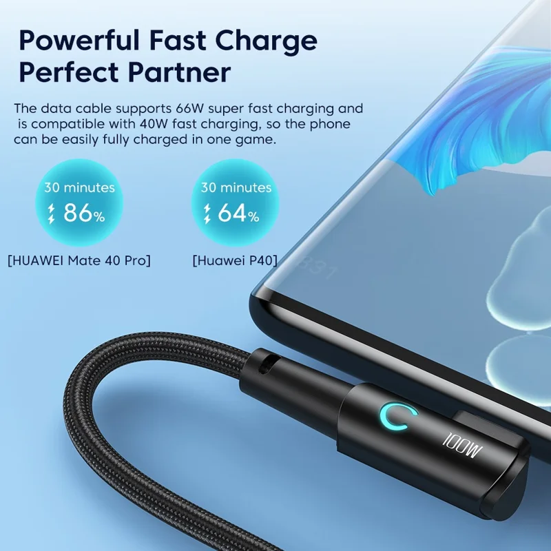 TOOCKI TQ-X25A2 USB-A to Type-C Data Cable 1m Right Angle 100W Charging Cord - Blue