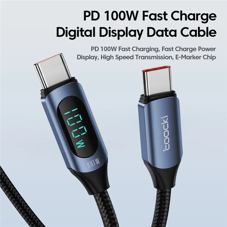 TOOCKI TQ-X03 USB-C to USB-C PD 100W Digital Display Charging Data Cable, 1m - Blue