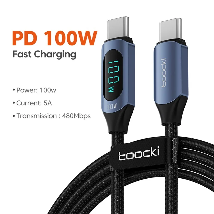 TOOCKI TQ-X03 2m Digital Display Data Cable USB-C to USB-C PD 100W Charging Cord - Blue