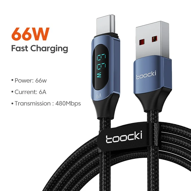TOOCKI TQ-X03A2 6A Cable de Datos USB-C con Pantalla Digital, Cable de Carga Trenzado de 2 Metros - Azul