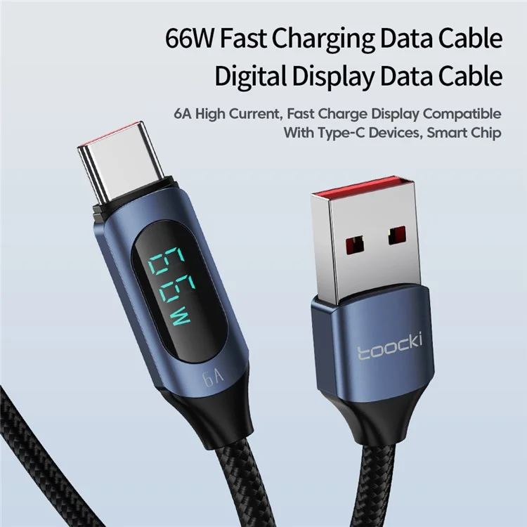 TOOCKI TQ-X03A2 6A Cable de Datos USB-C con Pantalla Digital, Cable de Carga Trenzado de 2 Metros - Azul