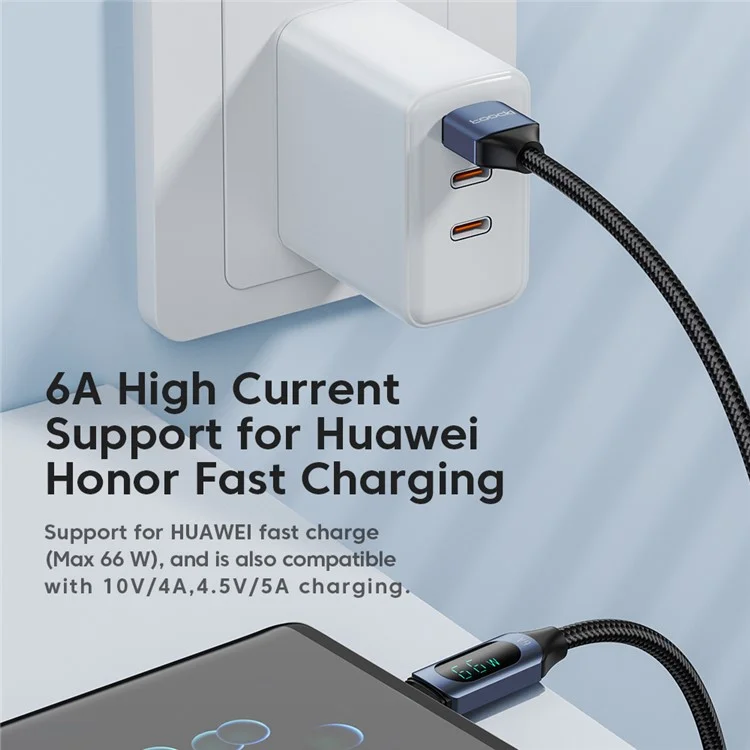 TOOCKI TQ-X03A2 6A Cable de Datos USB-C con Pantalla Digital, Cable de Carga Trenzado de 2 Metros - Azul