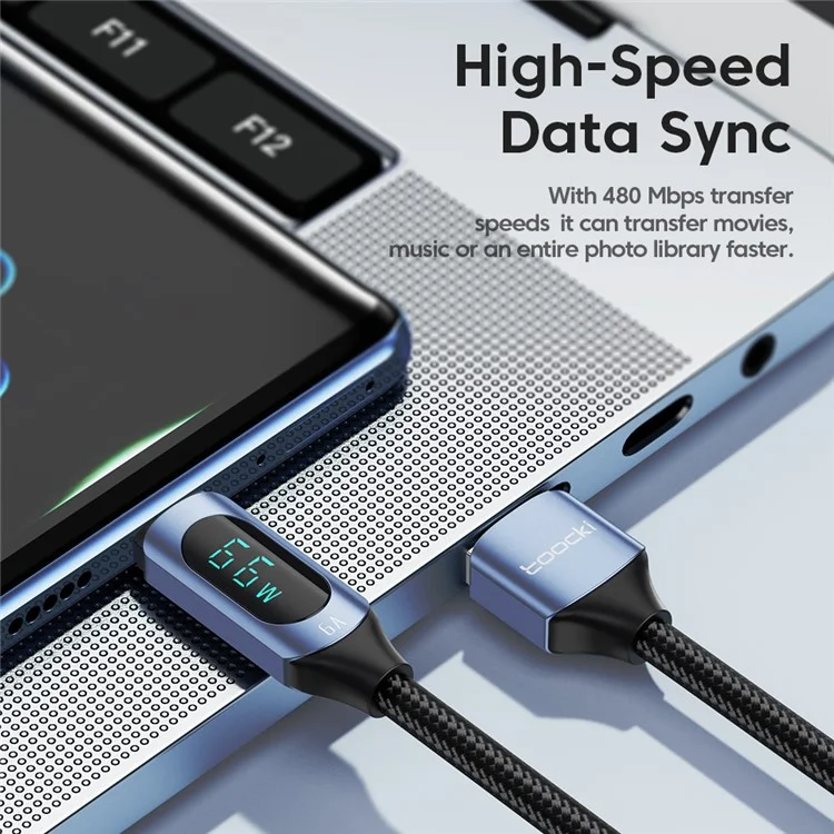 TOOCKI TQ-X03A2 6A Cable de Datos USB-C con Pantalla Digital, Cable de Carga Trenzado de 2 Metros - Azul