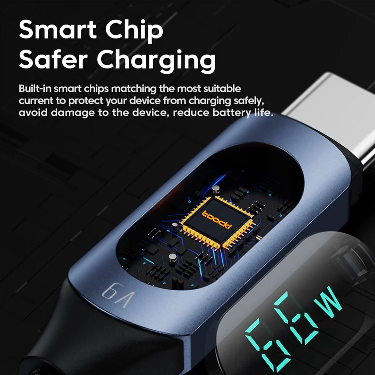 TOOCKI TQ-X03A2 6A Cable de Datos USB-C con Pantalla Digital, Cable de Carga Trenzado de 2 Metros - Azul