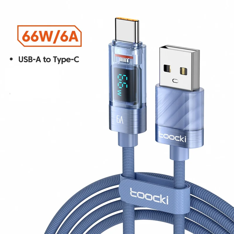 TOOCKI TQ-X36A2 2m USB to Type-C Charging Cord Digital Display 6A Fast Charging Cable - Blue