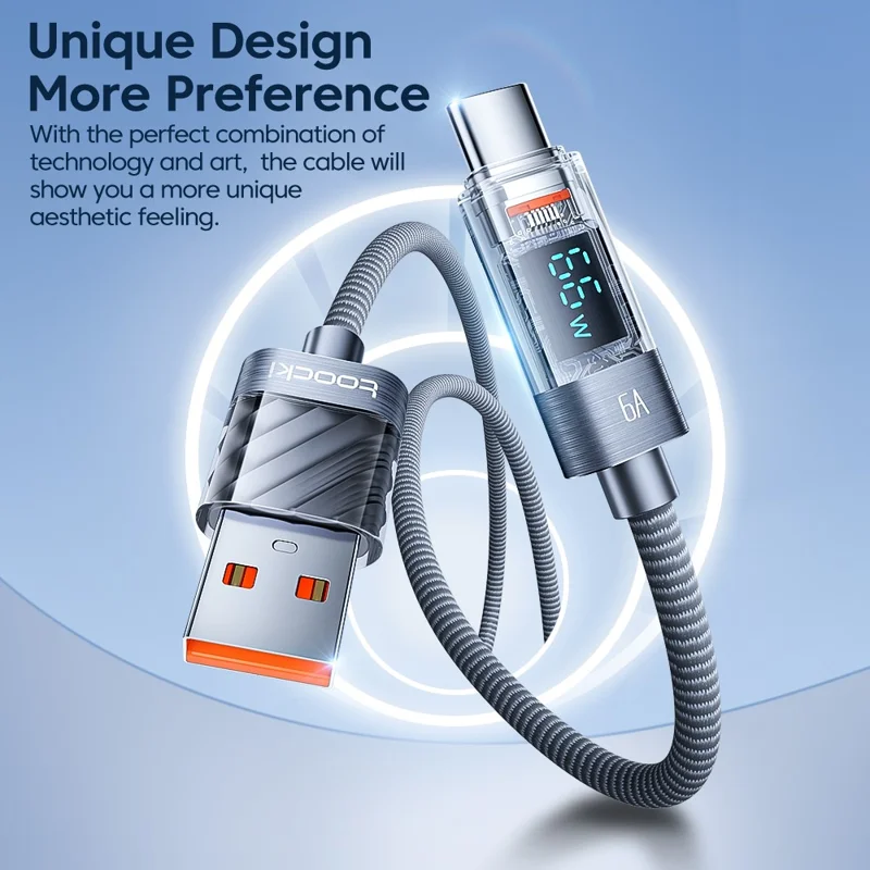 TOOCKI TQ-X36A2 Cable de carga rápida de 1 m y 6 A con pantalla digital USB a Type-C - Azul