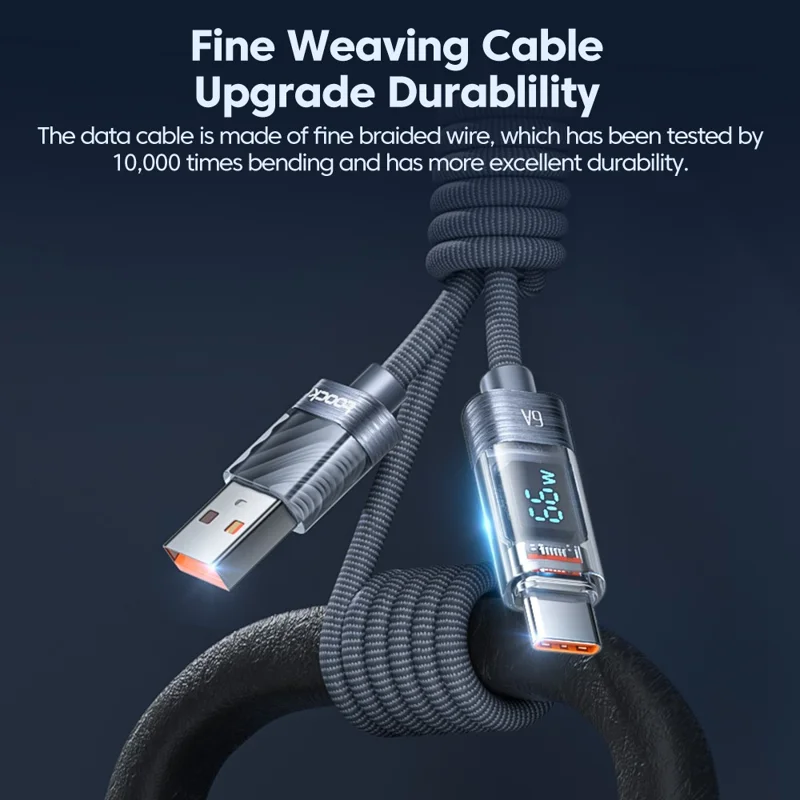TOOCKI TQ-X36A2 Cable de carga rápida de 1 m y 6 A con pantalla digital USB a Type-C - Azul