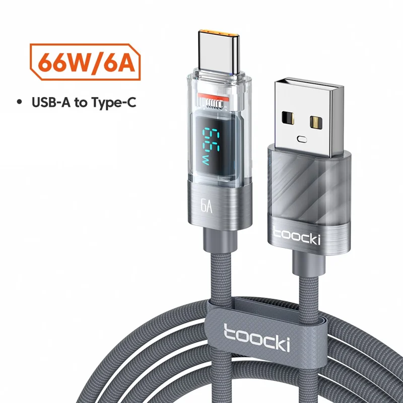 TOOCKI TQ-X36A2 1m 6A Super Fast Charging Cord Digital Display USB to Type-C Cable - Grey
