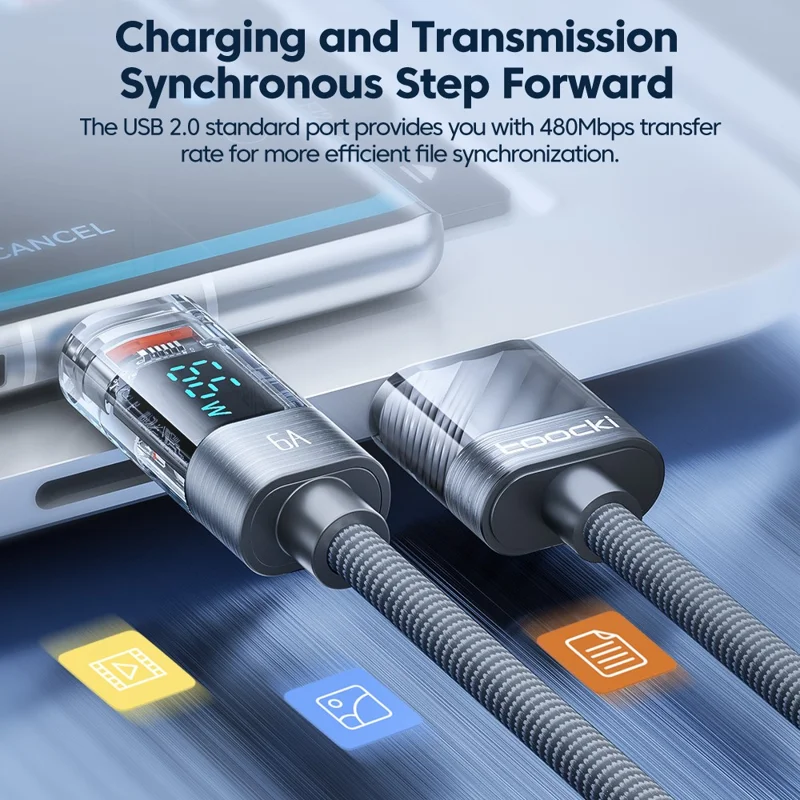 TOOCKI TQ-X36A2 1m 6A Super Fast Charging Cord Digital Display USB to Type-C Cable - Grey