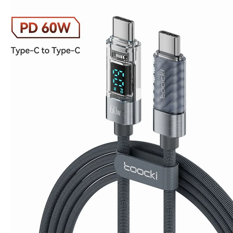 TOOCKI TQ-X36C2 2m Braided PD 60W Fast Charging Cord Type-C Mobiltelefon-Kabel - Grau