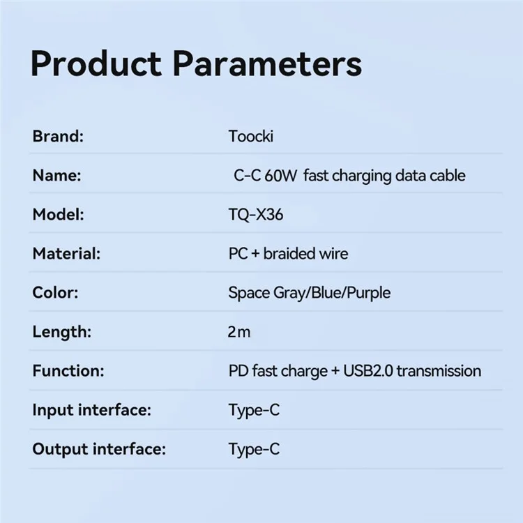 TOOCKI TQ-X36C2 2m Braided PD 60W Fast Charging Cord Type-C Mobiltelefon-Kabel - Grau