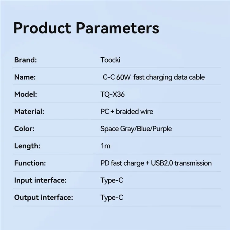 TOOCKI TQ-X36C2 1m E-Marker Chip PD 60W Fast Charging Type-C Cable - Cinza
