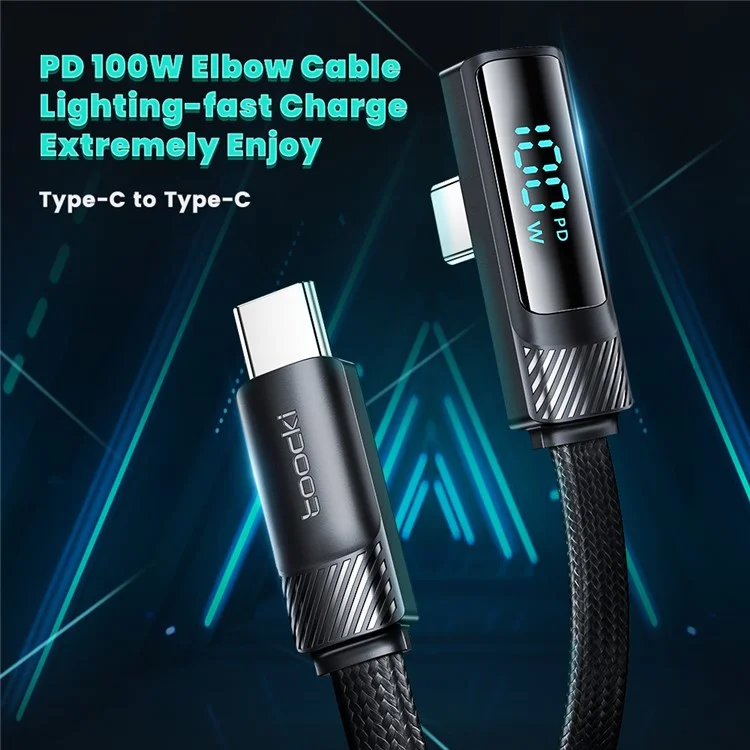 TOOCKI TQ-X50C2 1m Angled USB-C Cable Digital Display Type-C 100W Fast Charging Cord - Black