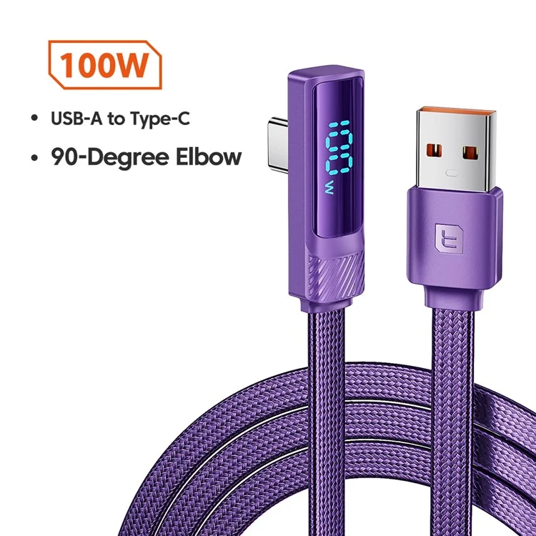 TOOCKI TQ-X50A2 1m USB to Type-C 6A Charging Cord Angled 480Mbps Data Transfer Cable - Purple