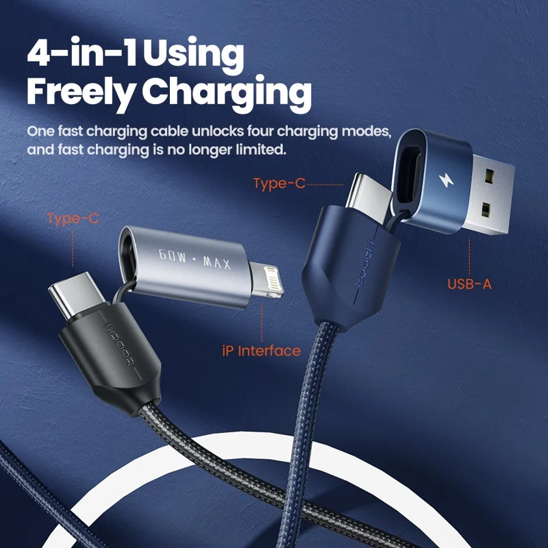 TOOCKI TQ-X44 1m USB-A / Type-C to Type-C / iP 4 in 1 60W Fast Charging Data Cable - Blue