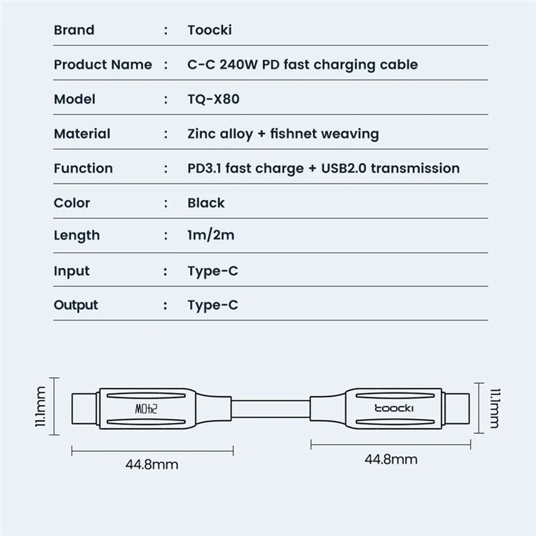 TOOCKI TQ-X80C4 2m 240W Type-C vers Type-C Câble de données tressé Chargement rapide du téléphone