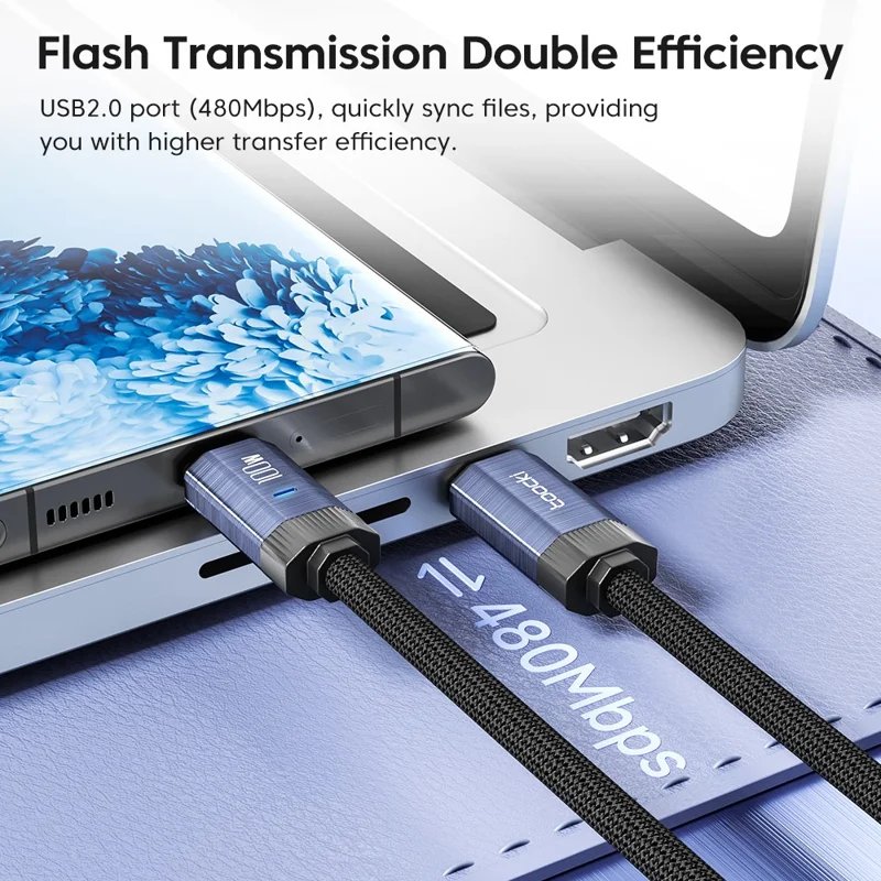 TOOCKI TQ-X24C2 Câble Type-C vers Type-C 2m PD 100W E-Marker Chip Câble de charge rapide - Bleu
