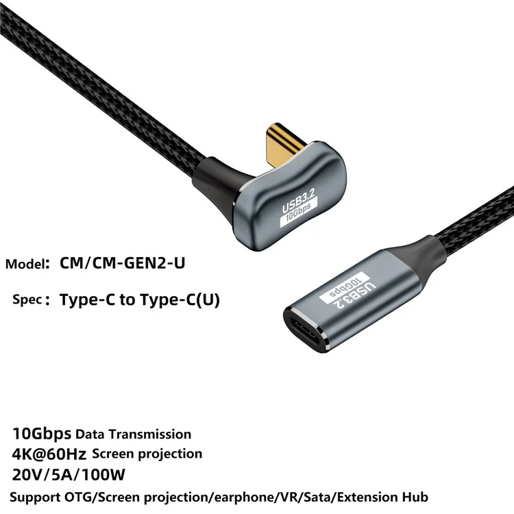 3m USB3.2 Gen 2 U-shape Type-C Male to Type-C Female PD 100W Cable Support Audio / Video Transfer