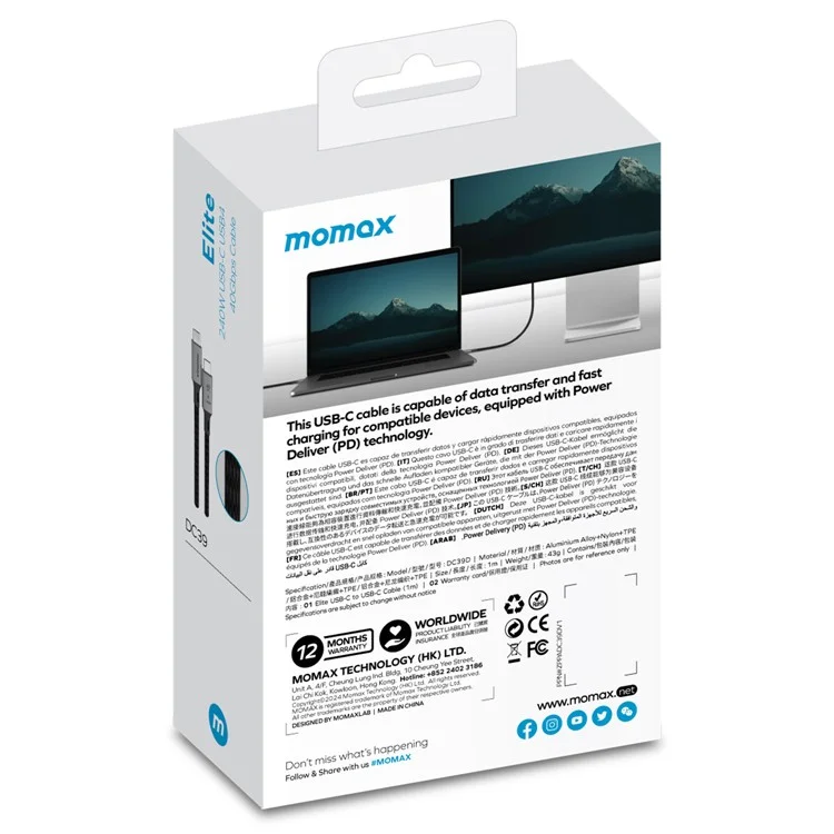 MOMAX USB-C para cabo de carregamento USB-C de 240 W de 1 m com trança de nylon