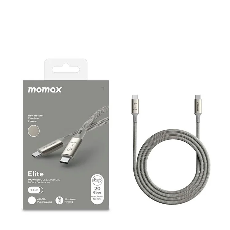 MOMAX Elite 1m USB3.2 Type-C to Type-C PD 100W Fast Charging Braided Data Cable - Titanium Gold
