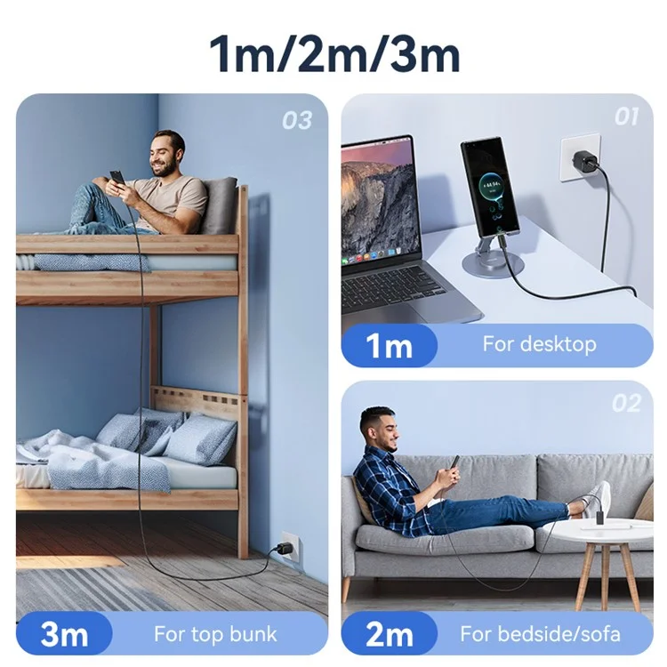 USAMS US-SJ698 KY Series 3m USB zu Type-C 3A Handy-Ladekabel gestreiftes Datenkabel - Schwarz
