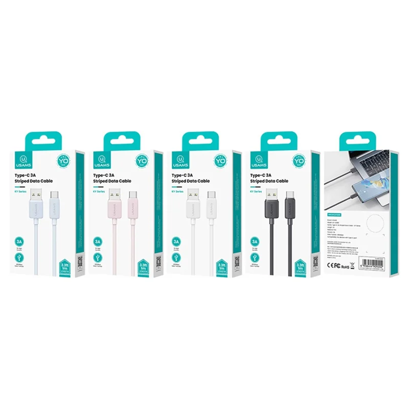 USAMS US-SJ698 KY Series 3m USB to Type-C 3A Phone Charging Cable Striped Data Cord - White