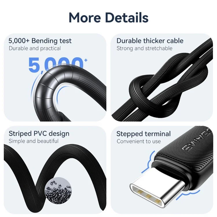 USAMS US-SJ693 KY Series 2m USB to Type-C 3A Phone Fast Charging Cable Striped Data Cord - Black