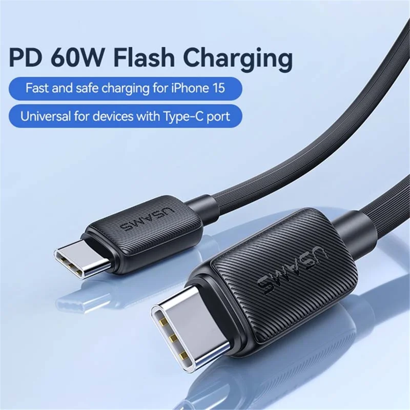 USAMS US-SJ691 1m PD 60W Charger Cord Type-C to Type-C Data Cable 480Mbps Charging Cable - Black