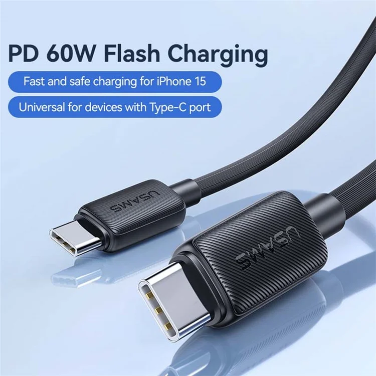 USAMS US-SJ696 2m PD 60W Fast Charging Cable Type-C to Type-C Ladekabel 480Mbps Ladekabel - Schwarz