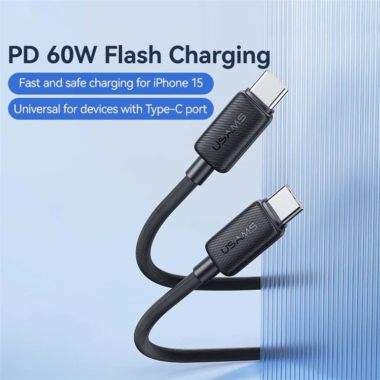 USAMS US-SJ696 2m PD 60W Fast Charging Cable Type-C to Type-C Charger Cord 480Mbps Charger Cable - Black