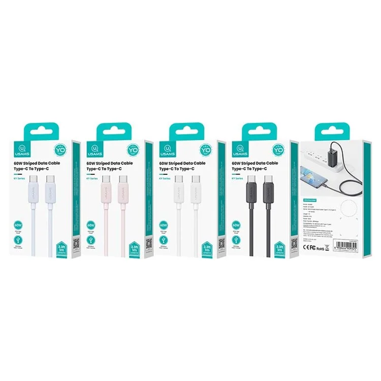 USAMS US-SJ696 2m PD 60W Fast Charging Cable Type-C to Type-C Ladekabel 480Mbps Ladekabel - Schwarz