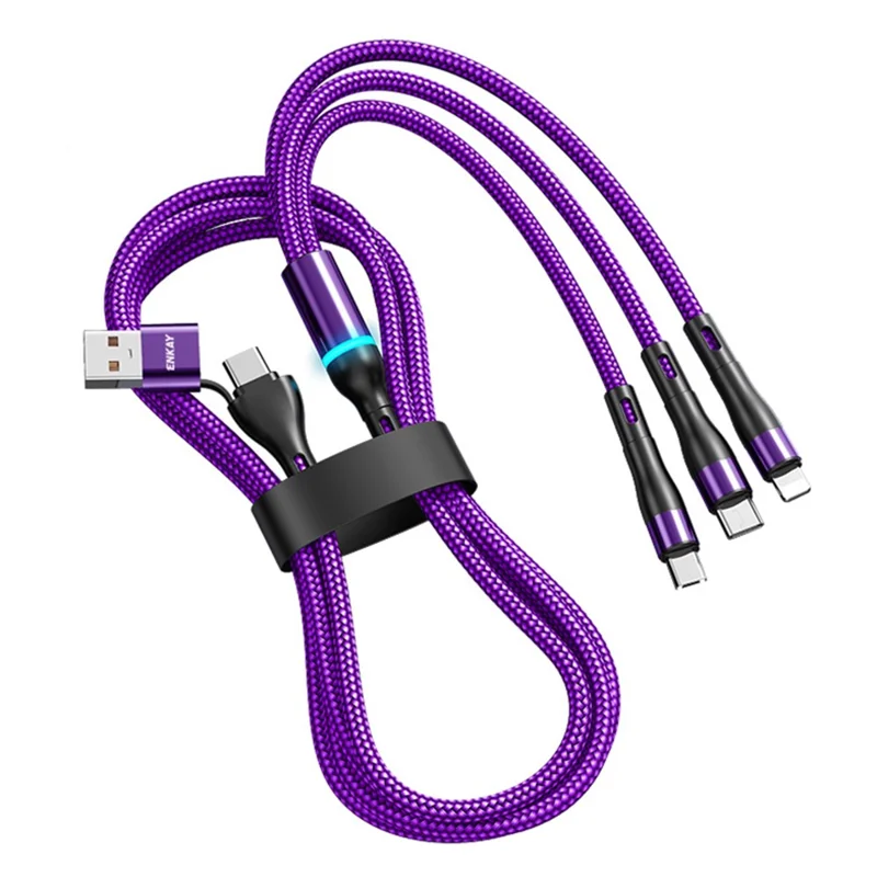 ENKAY 1.3m USB / Type-C to iP / Type-C / Micro USB 5A Fast Charge Data Cable with LED Indicator, Nylon Braided - Purple