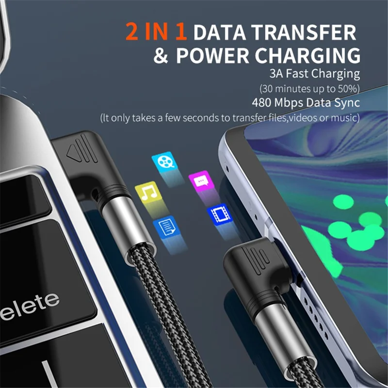 Câble de charge rapide ENKAY HAT PRINCE 2m 3A Dual Angled USB vers Type-C en nylon tressé