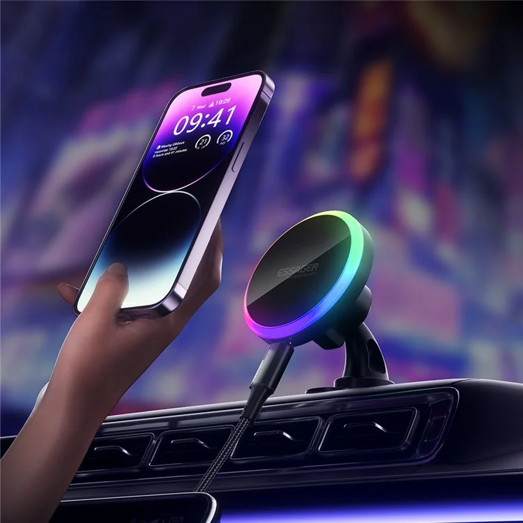 ESSAGER ACPH004 Car Magnetic Wireless Charger Colorful Light Air Vent Dashboard Mount Phone Charging Bracket